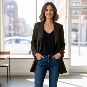 Eileen Fisher Sz S Brown Black Silk Blend Relaxed Open Blazer